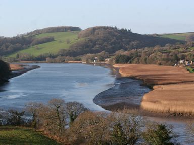 A river flowing between green and brown hills with trees and houses in the distance at The Daffodil Shed in Bere Alston