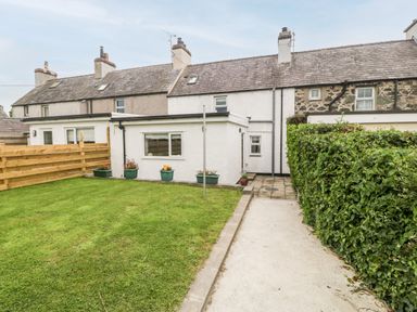A backyard with a grass lawn, potted plants, a hedge, a wooden fence, and connected houses at 3 Green Terrace in Llangaffo near Newborough