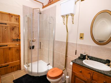 A bathroom with a corner shower cabin wooden toilet seat a wooden vanity with a sink and an oval mirror at Honey Buzzard Barn in Fakenham