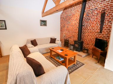A living room with two sofas a wooden coffee table a wood stove and a television on a stand at Honey Buzzard Barn in Fakenham