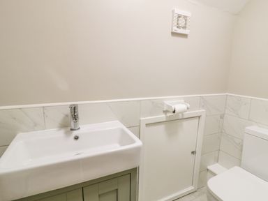 A bathroom with a white sink a toilet and a toilet paper holder at Ty Taid in Rhosneigr