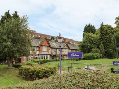 A building with timber framing surrounded by trees and bushes with a Cadbury sign in front
