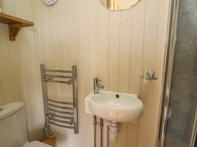 A small bathroom with a white sink a chrome towel rail a toilet and a glass holder on the wall at Ivys Way in Rhayader