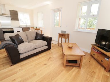 A living room with a sofa coffee table television and kitchen in the background at Breamish in Longframlington
