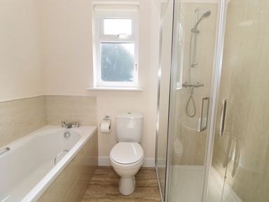 A bathroom with a bathtub a toilet and a shower at Breamish in Longframlington