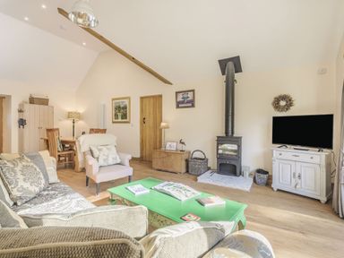A living room with a sofa armchair green coffee table wood burning stove and TV cabinet at Old Farm Stables South Barrow near Sparkford