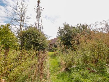 A garden with overgrown grass and plants a metal gate a windmill and a house in the background at Jackdaw's Roost in Cheltenham