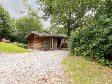 A small wooden cabin surrounded by trees and bushes with a gravel driveway at 4 Stonerush Valley Lanreath