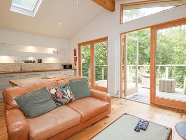 A living room with a leather sofa and cushions near glass doors opening to a deck with wicker chairs at 4 Stonerush Valley in Lanreath