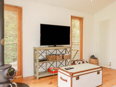 A room with a television on a stand with baskets and a board game and a white trunk with a remote on top at 4 Stonerush Valley in Lanreath