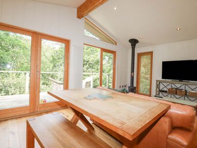 A living room with wooden dining table bench leather sofa wood burning stove and television at 4 Stonerush Valley in Lanreath