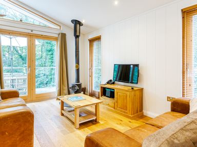 A living room with two brown leather sofas a wooden coffee table a wood burning stove and a TV on a wooden cabinet at 8 Streamside in Lanreath