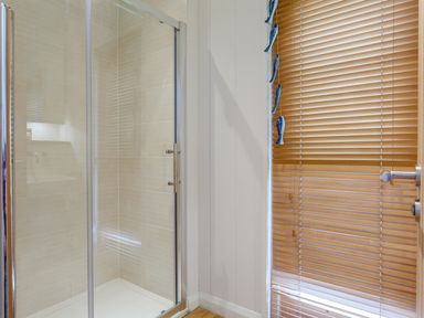 A bathroom with a glass shower enclosure and wooden blinds on the window at 8 Streamside in Lanreath