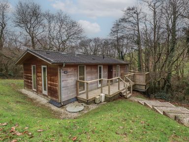 A wooden house with a small deck surrounded by trees and grass at 8 Streamside in Lanreath