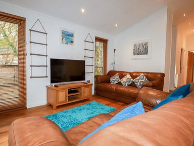 A living room with two brown leather sofas a blue rug and a TV on a wooden stand at 2 Stonerush Valley in Lanreath