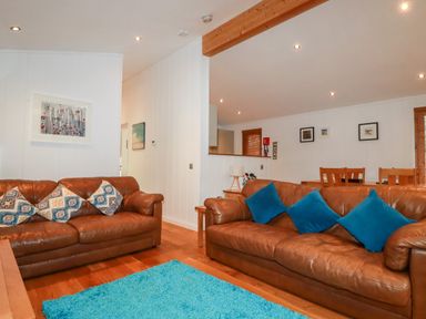 A living room with two brown leather sofas blue and patterned cushions and a blue rug at 2 Stonerush Valley in Lanreath