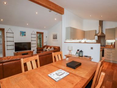 An open-plan living room with a wooden dining table and chairs tan leather sofas a television and a kitchen with cabinets and an extractor fan at 2 Stonerush Valley Lanreath