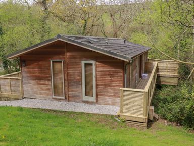 A wooden cabin with a pitched roof and a deck surrounded by trees and grass at 2 Stonerush Valley in Lanreath
