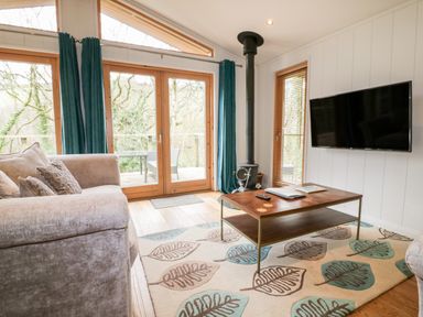 A living room with a sofa coffee table wood stove and wall mounted TV at 9 Stonerush Valley in Lanreath
