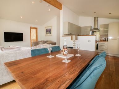 A dining table with four teal chairs and glasses beside a kitchen and living area with a television and sofa at 9 Stonerush Valley in Lanreath