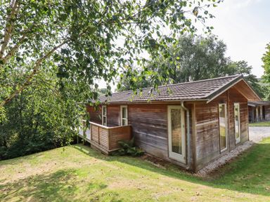 A wooden cabin with a small balcony surrounded by grass and trees at 2 Water's Edge in Lanreath