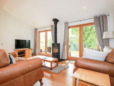 A living room with leather sofas a coffee table a stove and a television at 6 Water's Edge in Lanreath