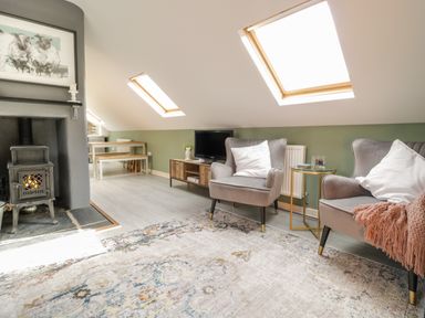 A living room with armchairs a rug a fireplace and skylight windows at Brithgwm Canol in Brithdir near Dolgellau