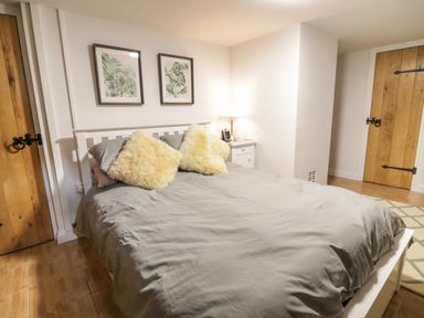 A bedroom with a bed with gray bedding and two yellow pillows two framed leaf pictures on the wall wooden doors and a bedside table with a lamp at Brithgwm Canol Brithdir near Dolgellau