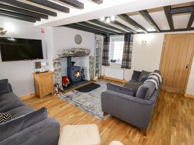 A living room with a fireplace wood stove two gray sofas a wall-mounted TV and a wooden door at Min-y-rhos in Edern