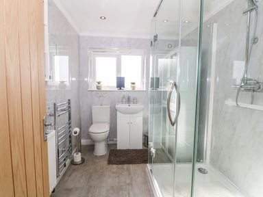 A bathroom with a shower enclosure toilet sink towel radiator and window at Min-y-rhos in Edern