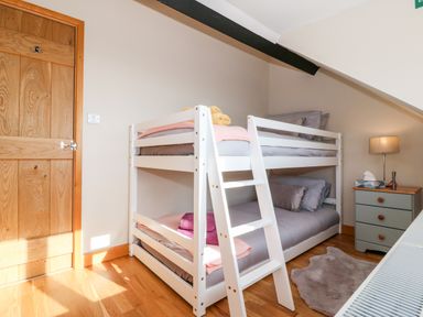 A bedroom with a white bunk bed a wooden door a small bedside table with a lamp and tissues and a rug on the floor at Min-y-rhos in Edern