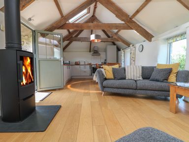 A living room with a fireplace a gray sofa with cushions wooden beams and an open door at Sunbury Barn in St Agnes