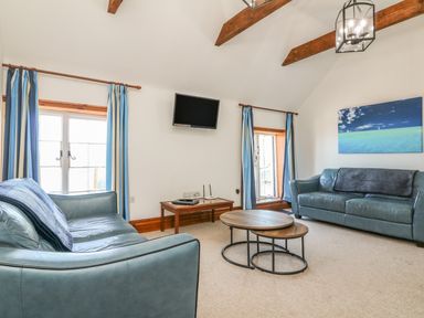 A living room with two blue sofas a round wooden coffee table two windows with blue curtains a wall mounted TV and a painting at C S Lewis Balcony in Lynton