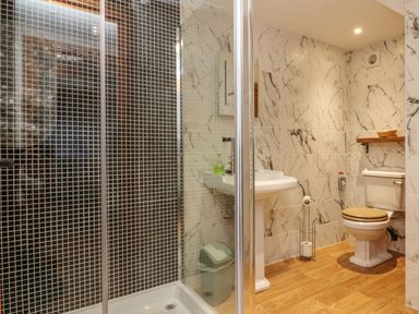 A bathroom with a shower enclosure a toilet and a sink at C S Lewis Balcony in Lynton
