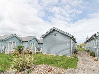 Blue wooden cottages with a pathway and grassy area at Sea Breeze in The Bay near Filey