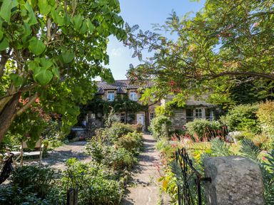 A garden path leading to a stone house surrounded by various plants and trees at Teviot Cottage in Corbridge