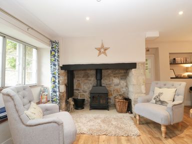 A sitting room with two armchairs a wood stove in a stone fireplace and a window with patterned curtains at Market House in Abbotsbury