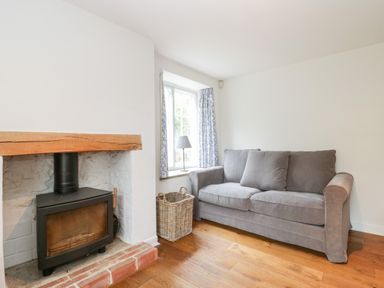 A living room with a wood burning stove a gray sofa a window with blue patterned curtains and a wicker basket at Church View in Salisbury