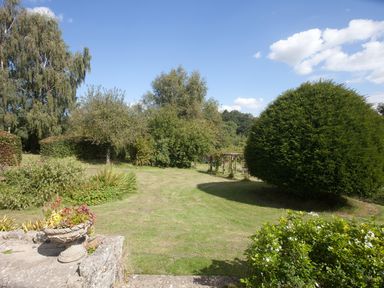 A grassy garden area with various trees and shrubs under a blue sky at Church View in Salisbury