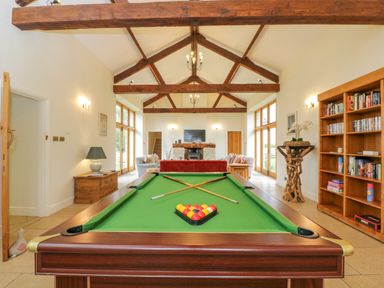 A game room with a pool table a wooden bookshelf a stone fireplace and sofas at Lower Farm Barn in Aston Near Bampton