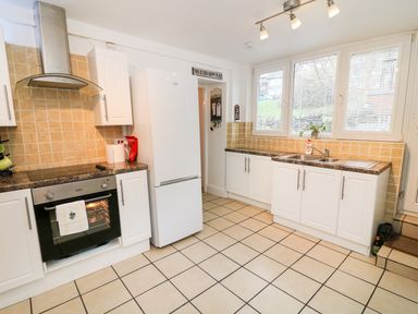 A kitchen with white cabinets a refrigerator an oven and a sink under windows at Giddy Goose in Windermere