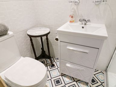A bathroom with a toilet, a small round table, and a sink with a cabinet at Giddy Goose in Windermere