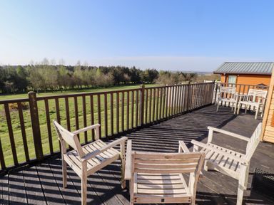A wooden deck with chairs overlooking a grassy area and trees at Percy Wood Country Park in Swarland