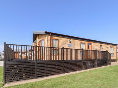 A wooden cabin with a black wooden railing around the deck on a grassy area at Percy Wood Country Park in Swarland