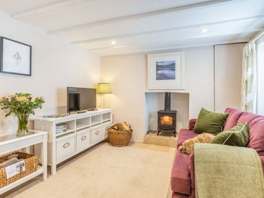 A living room with a wood stove tv and a purple sofa at Beach Retreat in Instow