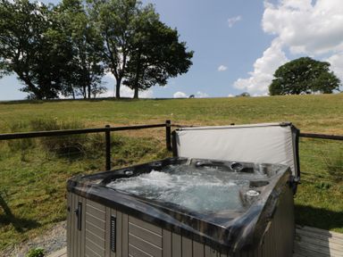 A hot tub with trees in the background at Meadow Retreat in Nantmel near Rhayader