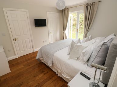 A bedroom with a bed pillows bedside table lamp tv and wooden floor at Seashells in Tenby