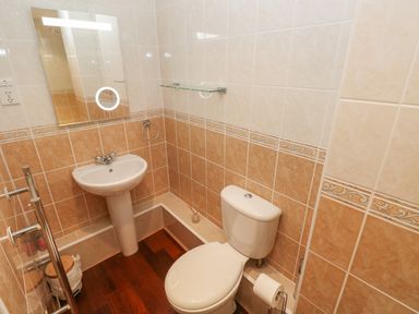 A bathroom with a pedestal sink toilet wall-mounted mirror towel ring and glass shelf at Seashells in Tenby
