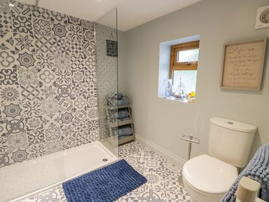 A bathroom with a shower area featuring patterned tiles a toilet a window with decorative items and a blue rug at Wagtail Nest Northfield Cottage Scalby