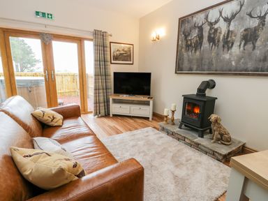 A living room with a leather sofa pillows rug wood stove and a television at Wagtail Nest Northfield Cottage Scalby